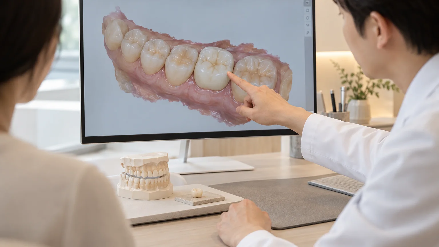 치아의 3D 구강스캔과 보철 모형을 함께 보며 치료 계획을 설명하는 장면