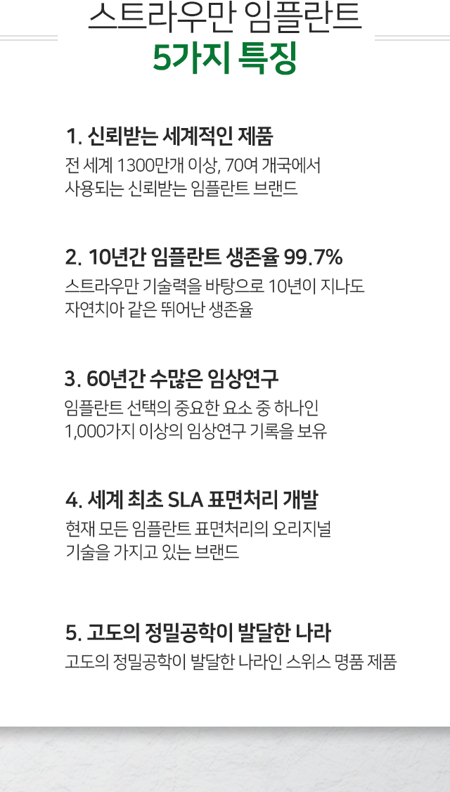 스트라우만-임플란트-5가지-특징-10년간-임플란트-생존율-99.7%-신뢰받는-세계적인-제품-세계-최초-SLA-표면처리-개발-60년간-수많은-임상-연구-고도의-정밀공학이-발달한-나라-스위스-명품-제품
