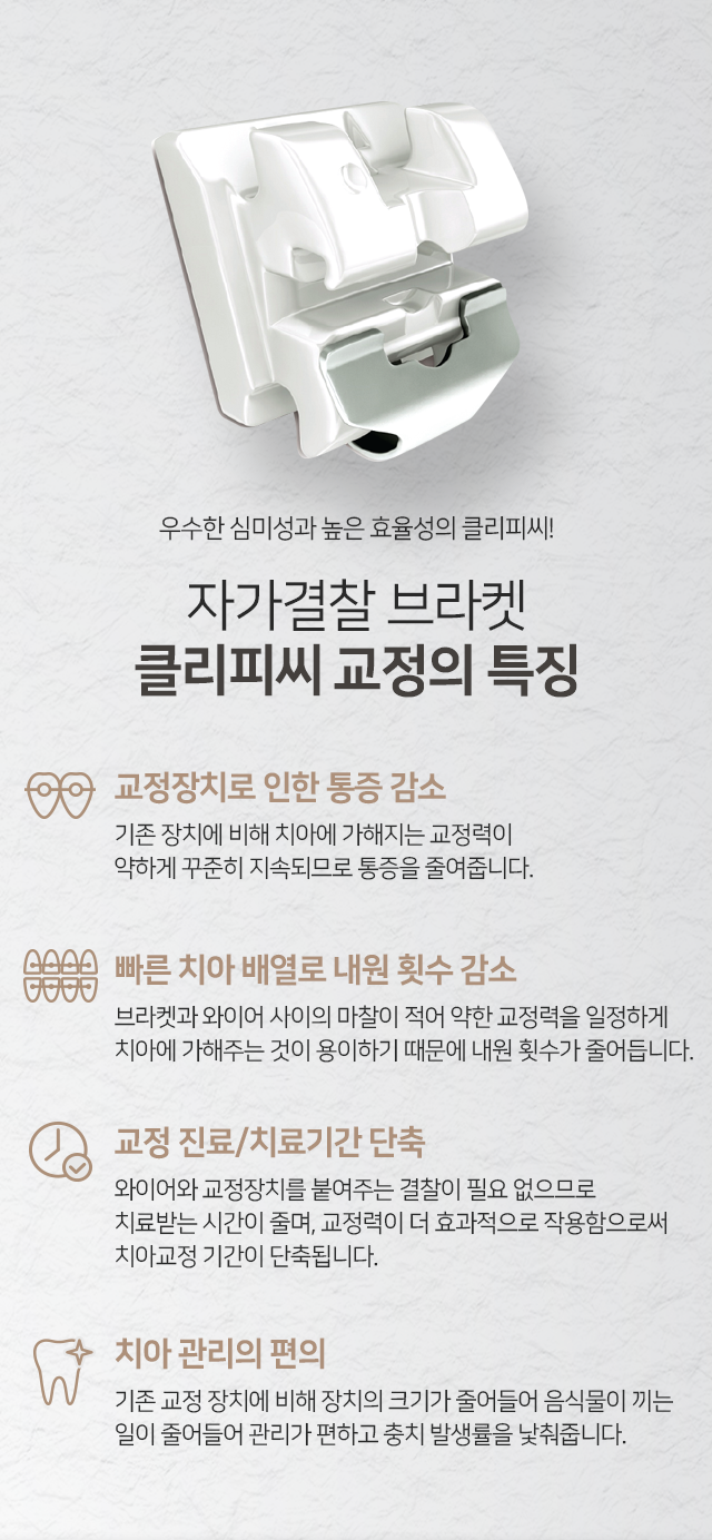 클리피씨-교정의-특징-교정장치로-인한-통증-감소-빠른-치아-배열로-내원-횟수-감소-교정-진료-치료-기간-단축-치아-관리의-편의