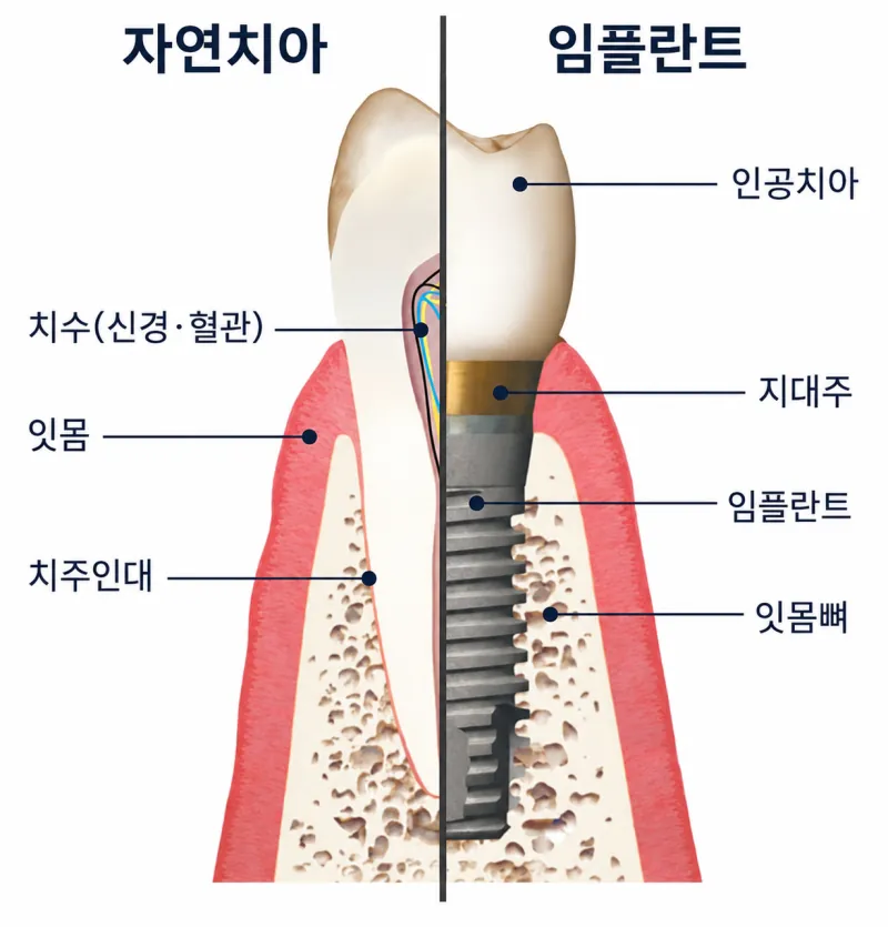 자연치아와 임플란트 구조 차이 비교 사진
