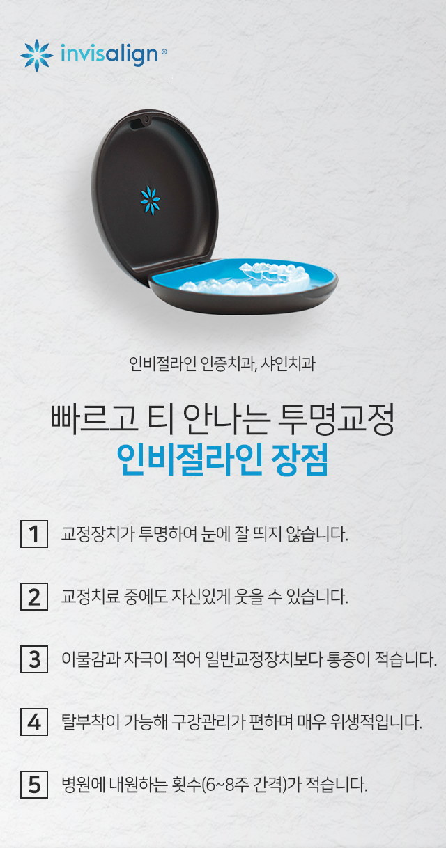 빠르고-티-안-나는-투명교정-인비절라인-장점-교정장치가-투명하여-눈에-잘-띄지-않습니다-교정치료-중에도-자신-있게-웃을-수-있습니다-이물감과-자극이-적어-일반교정장치보다-통증이-적습니다-탈부착이-가능해-구강관리가-편하며-매우-위생적입니다-병원에-내원하는-횟수가-6~8주-간격으로-적습니다